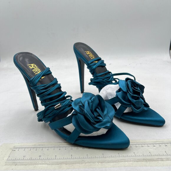 Navy Flower Decor Open Toe Sexy Sandals Lace Up Stiletto High Heels Party Shoes - Picture 1 of 7